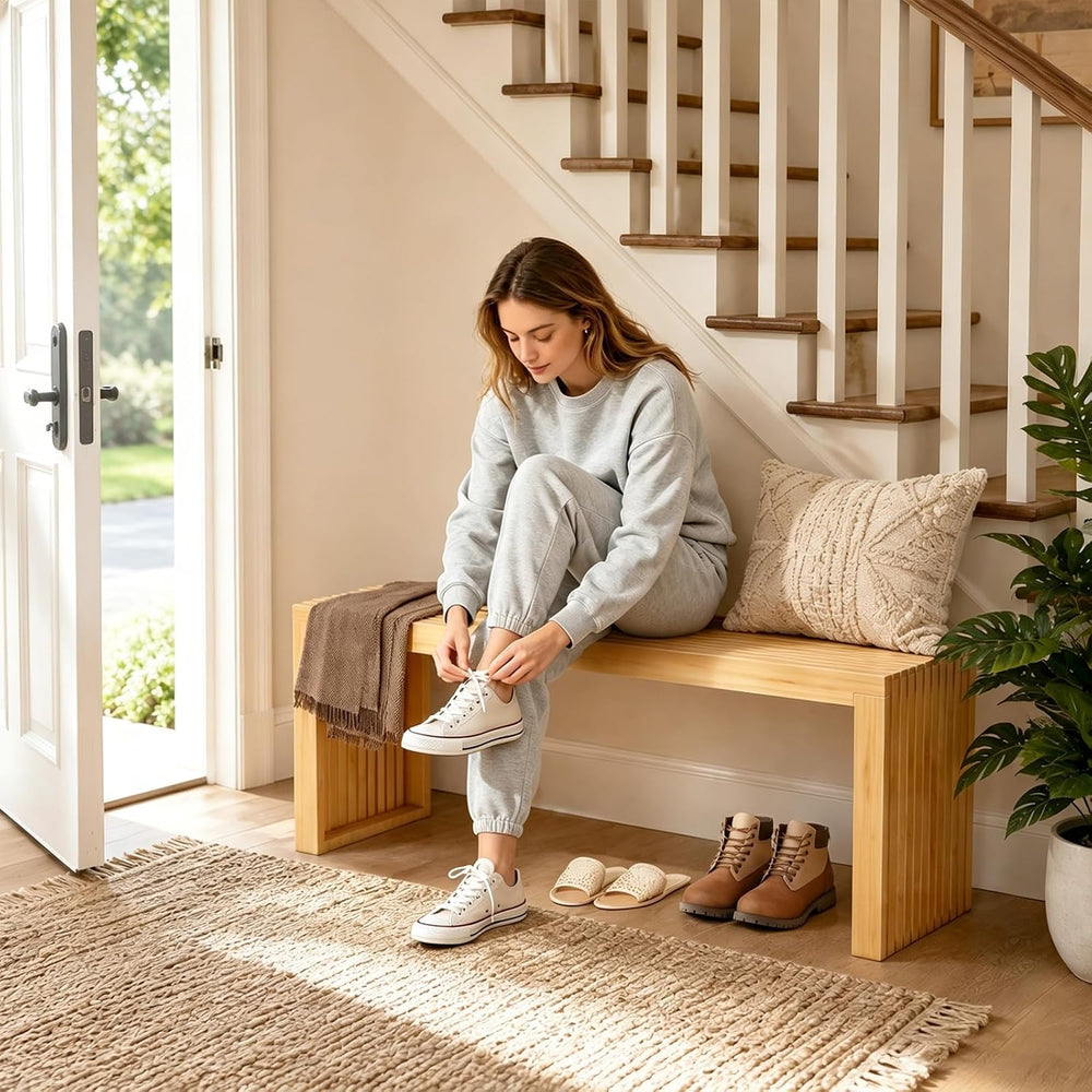 Bamboo Dining Bench, 35'' Slatted Design Entryway Bench, Natural