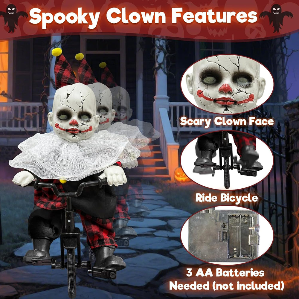 Halloween Animatronic 15.5” Clown Ride on Bicycle Moving Back and Forth