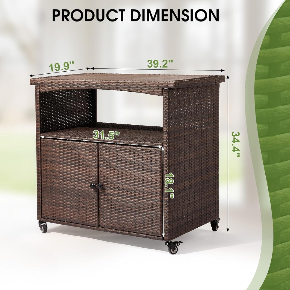 VINGLI Wicker Outdoor Bar Cart with Storage & Rolling Wheels, Patio Bar T...