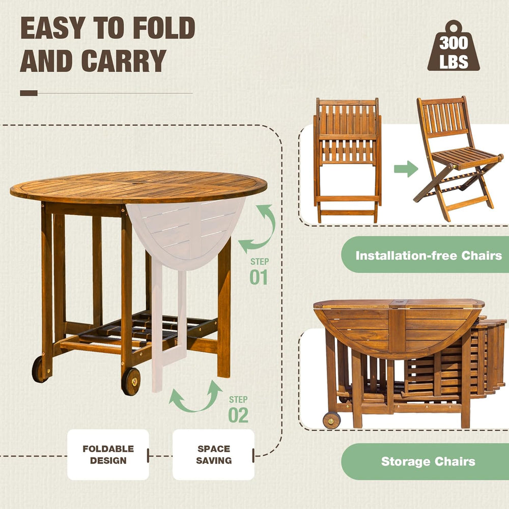 Devoko Acacia Wood Outdoor Patio Folding Table and Chairs Set for 4
