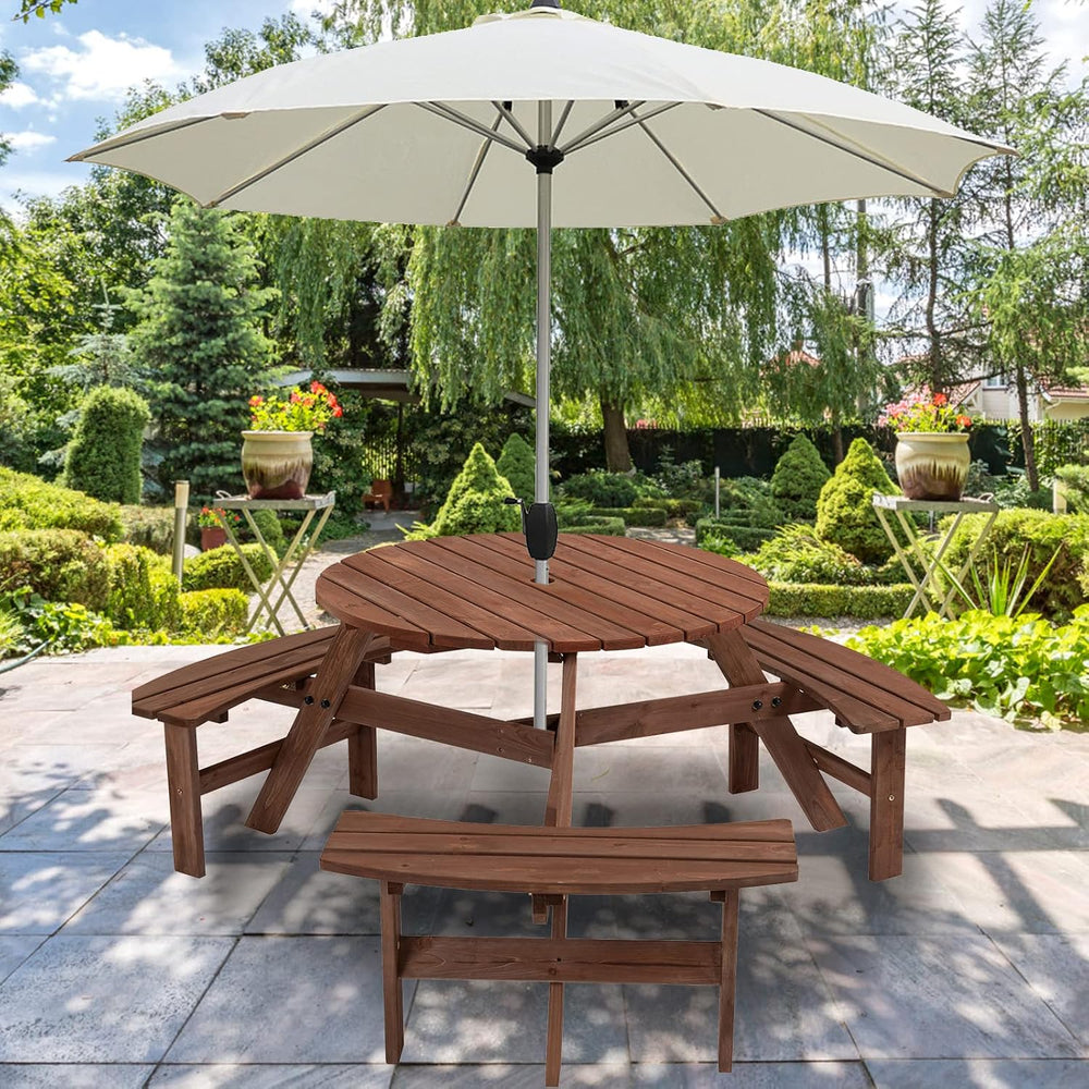 6 Person Wood Picnic Table, Outdoor Round Picnic Table with 3 Built-in Benche...