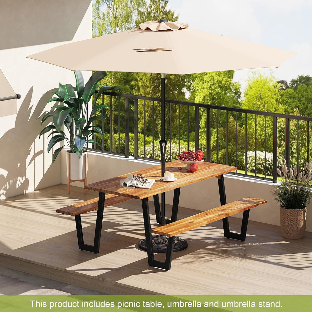 S AFSTAR 70" Acacia Wood Outdoor Picnic Table Set with 10Ft Umbrella &am...