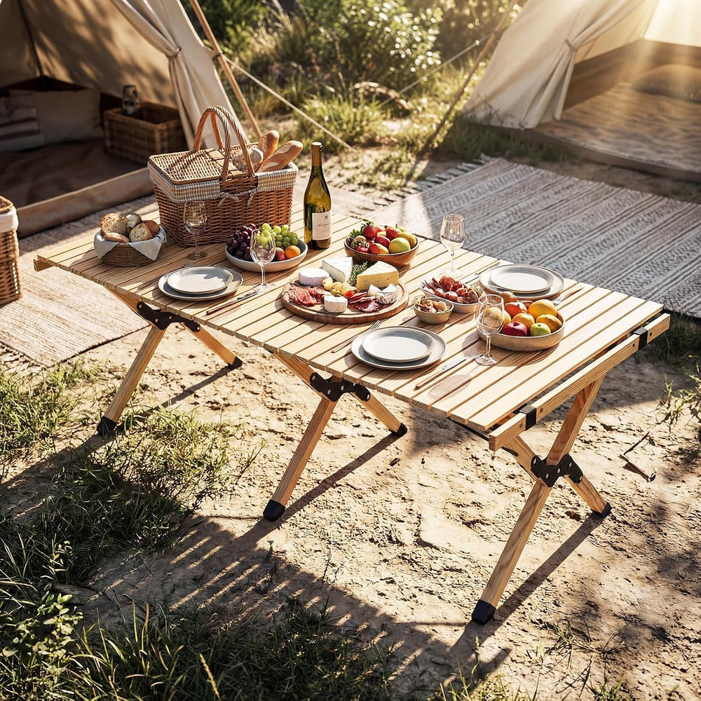 GYMAX 48 Inch Folding Camping Table, Roll-Up Pine Wood Picnic Table with Carr...