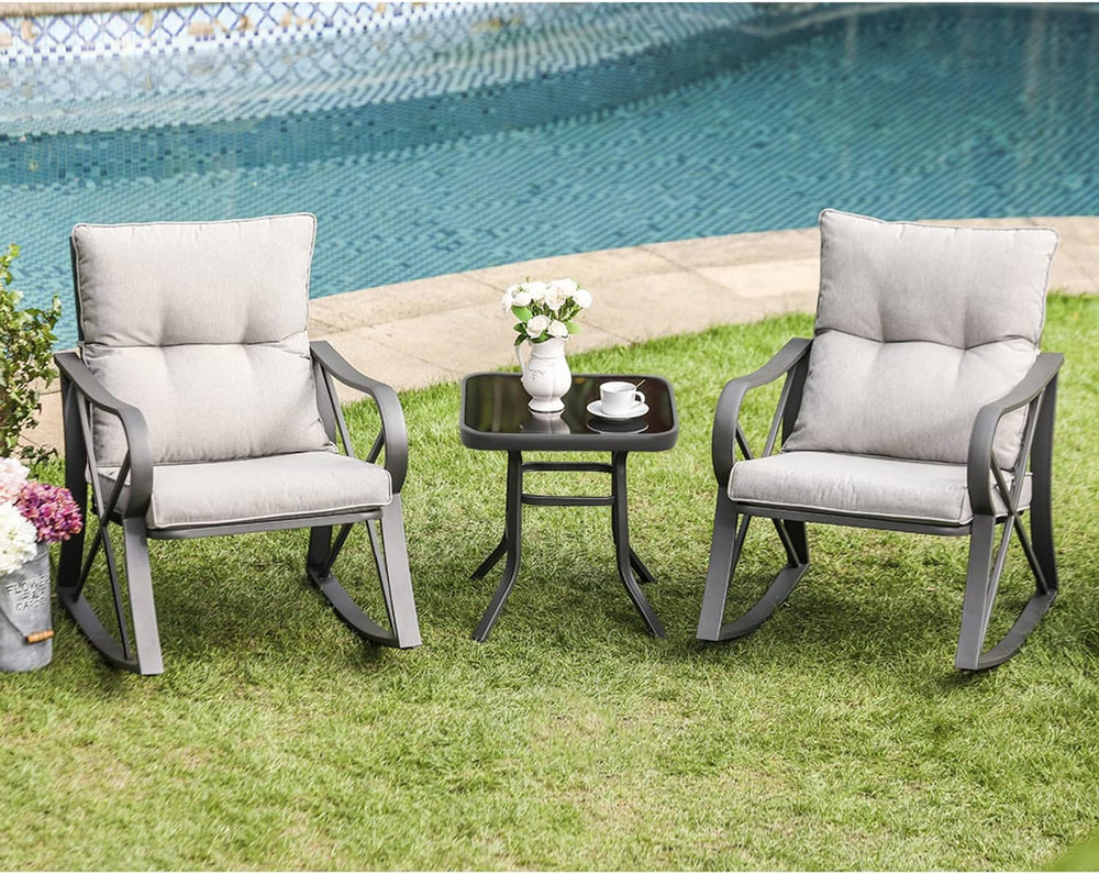 COSIEST 3 Piece Bistro Set Patio Rocking Chairs Outdoor Furniture w Warm Gray...