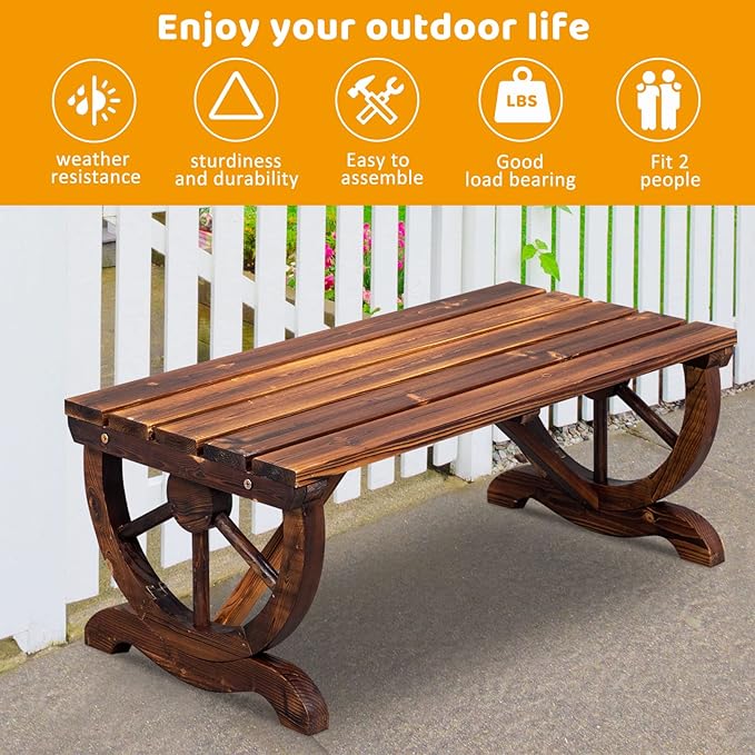VINGLI Rustic Wooden Wheel Bench Outdoor Bench, Patio Bench Wagon Slatted Sea...