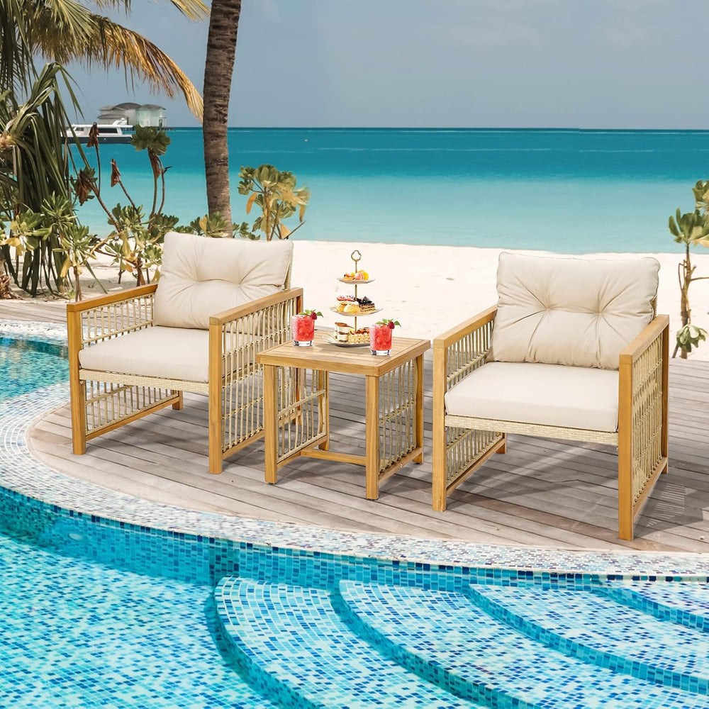 Tangkula 3 Pieces Acacia Wood Patio Furniture Set, PE Wicker Bistro Set with ...