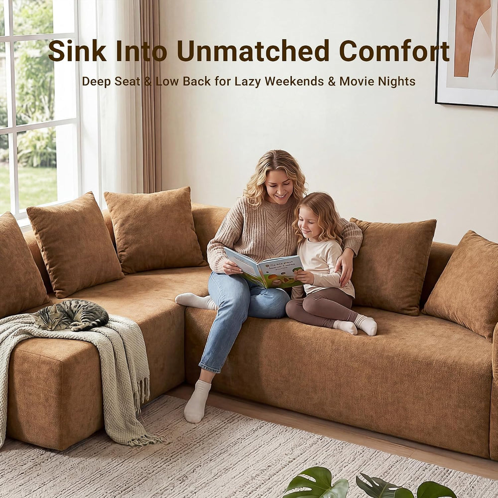 Claiks 106" Cloud Boneless Couch, Left Chaise Sofa, Brown