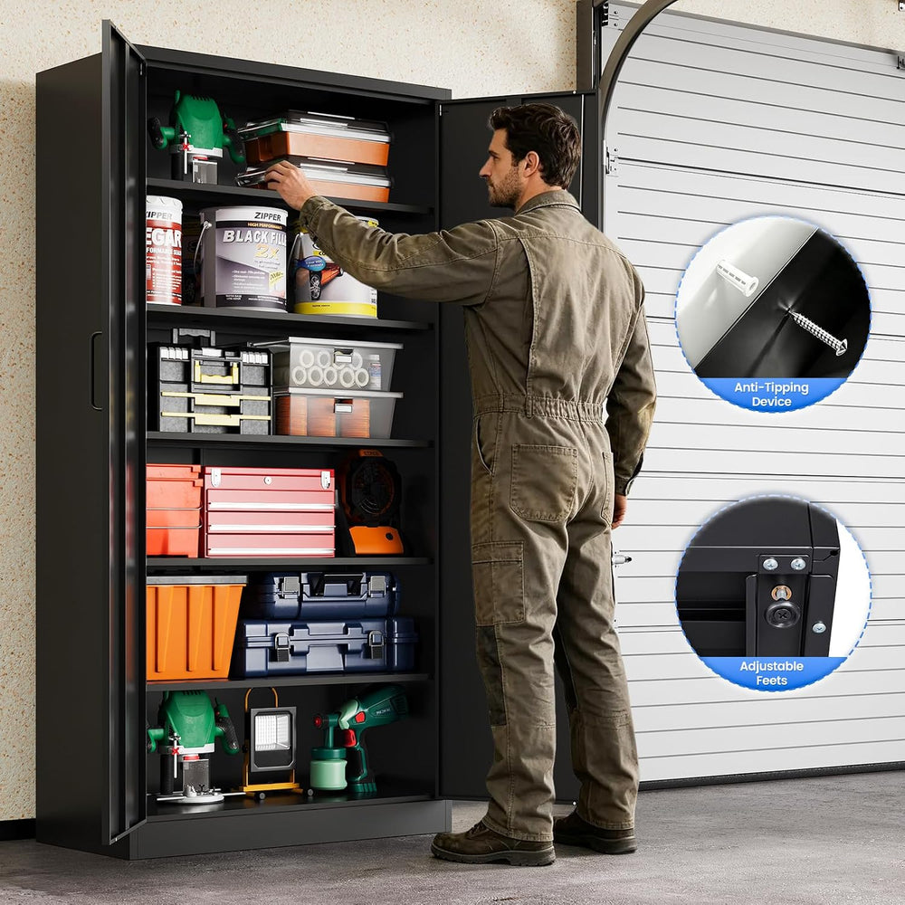 MIIIKO Metal Garage Storage Cabinet with 2 Doors and 5 Shelves,71" Tall ...