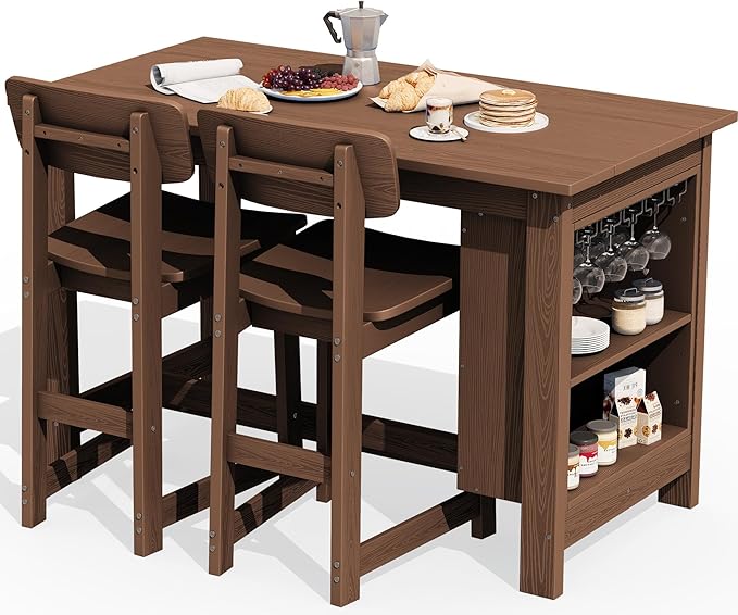 SERWALL 3-Piece Outdoor Counter Height Bar Set, HDPE Patio Bar Table with Win...
