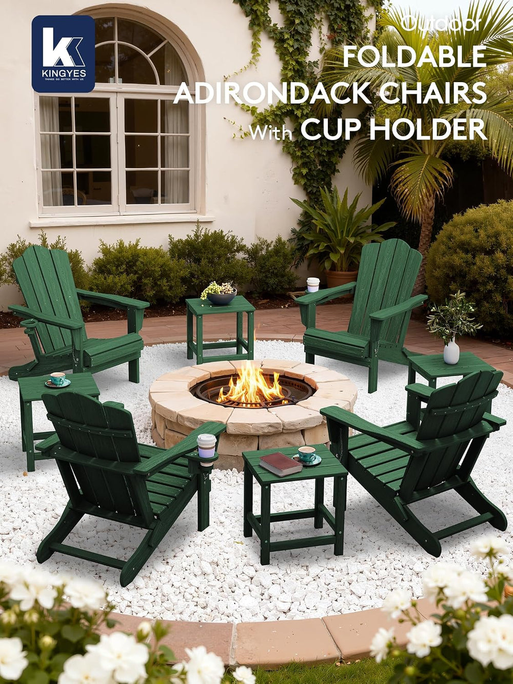 KINGYES Folding Adirondack Chair Set of 2 with Cup Holder, Green