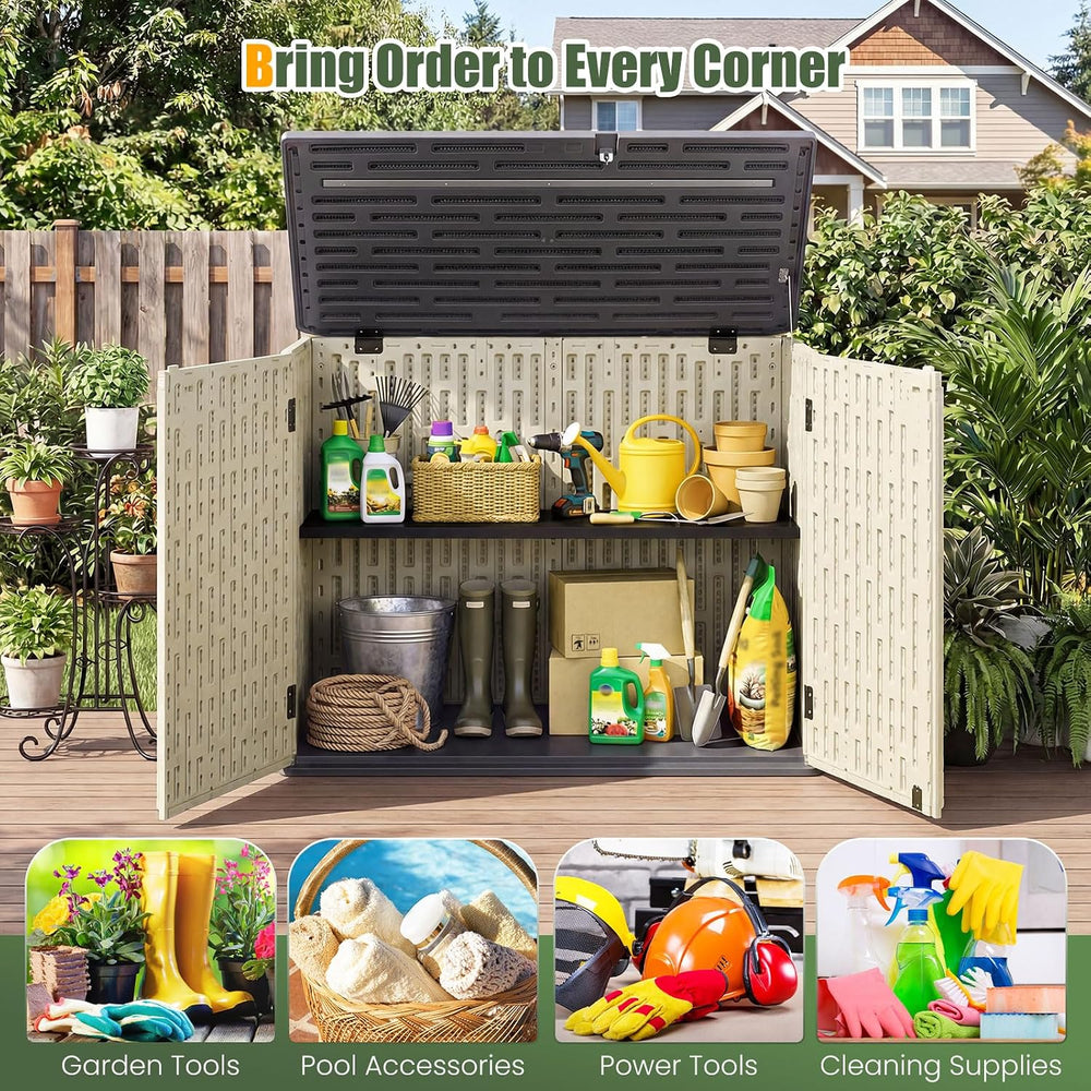 DREAMADE Horizontal Outdoor Storage Cabinet, 20 Cu.Ft Resin Shed, Beige