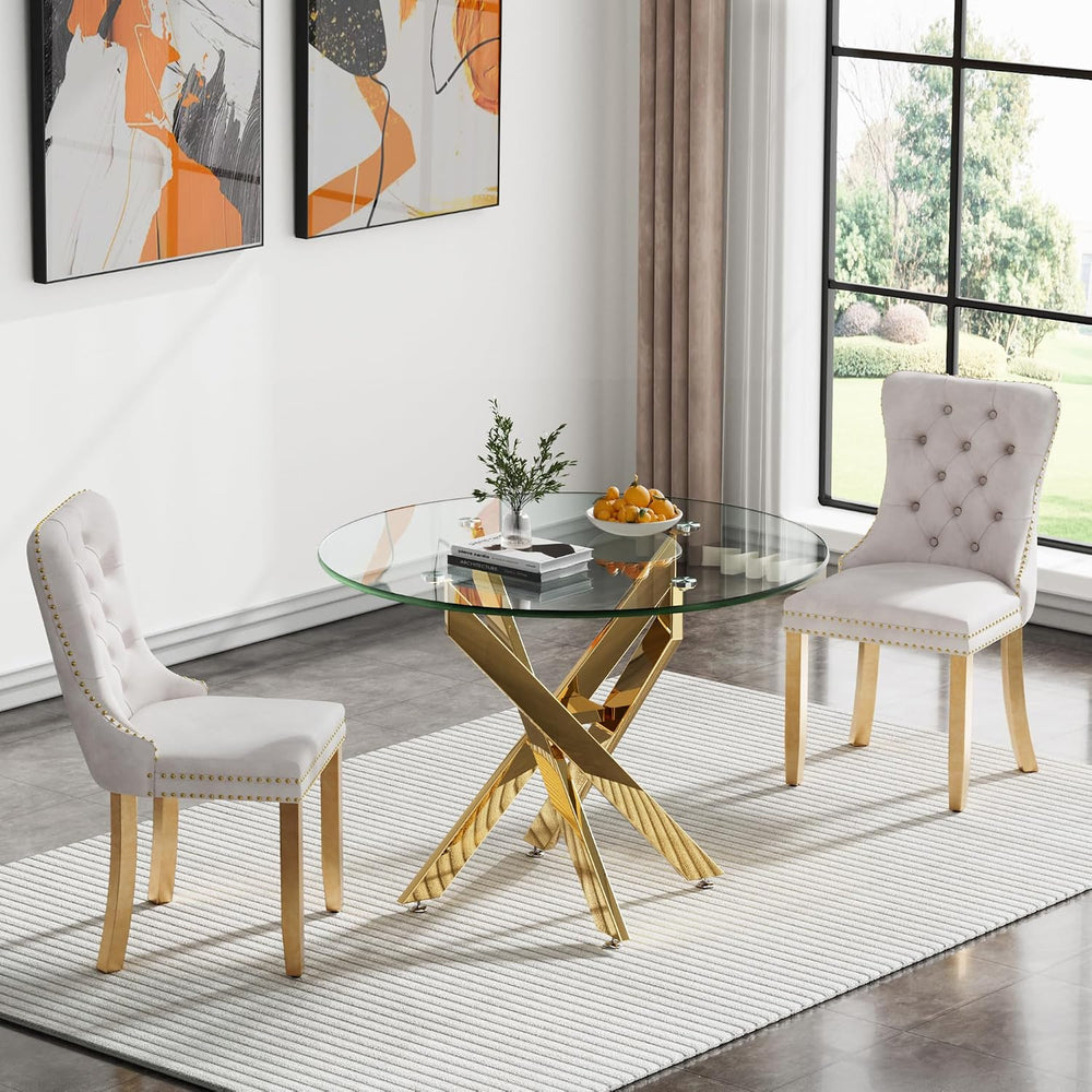 36" Modern Gold Glass Dining Room Table Set for 2, 3-Piece Round Kitchen...