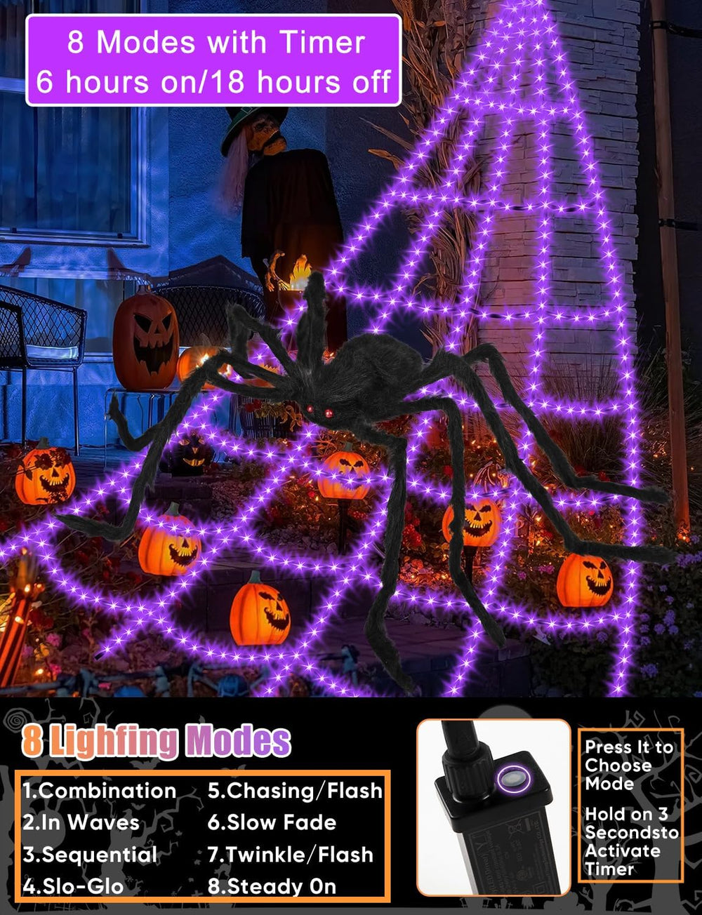Halloween Decorations Outdoor Spider Web Lights - 16.4Ft Light Up Spider Web ...