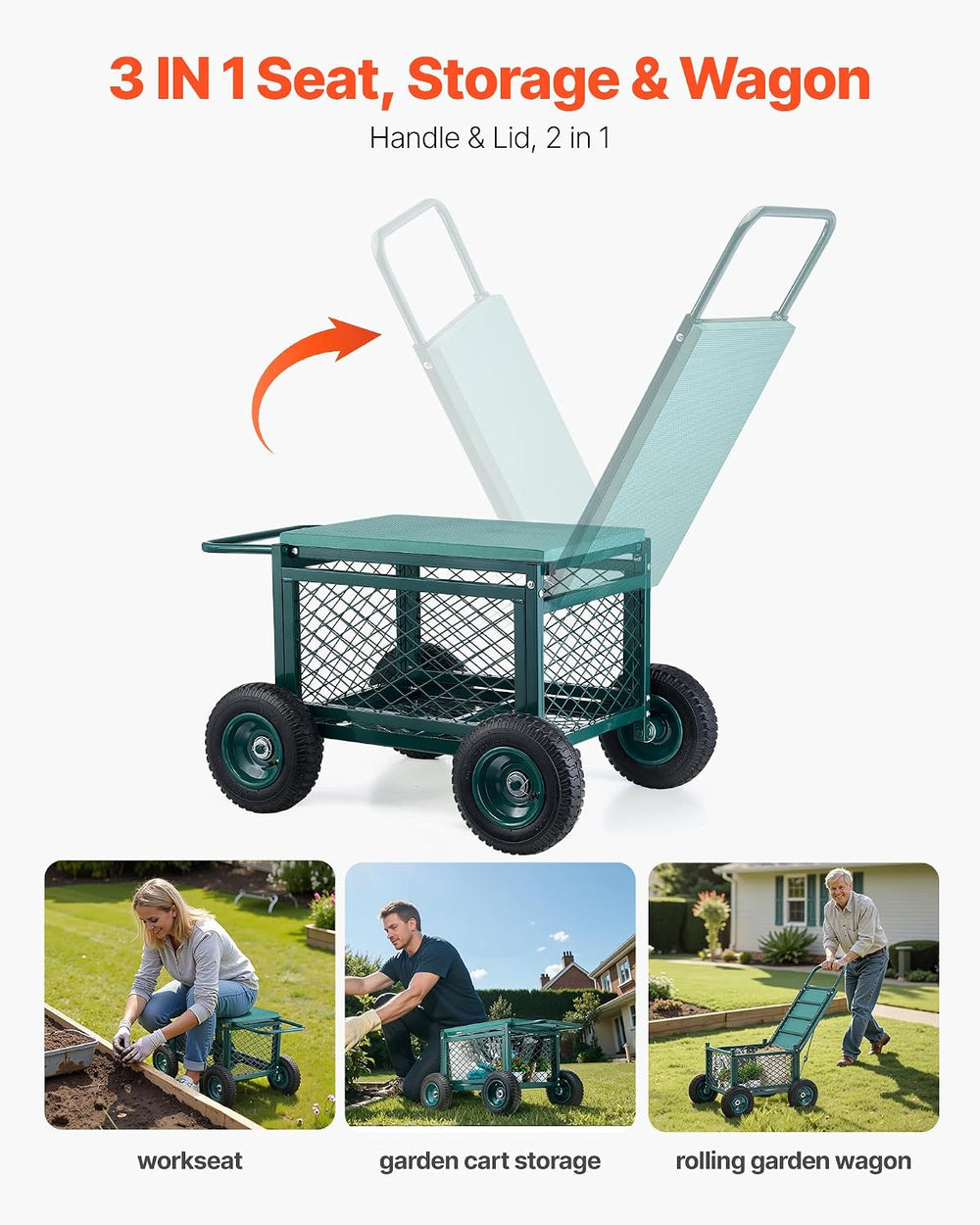 VEVOR Rolling Garden Cart with Seat, Metal Rolling Garden Work Seat with Whee...
