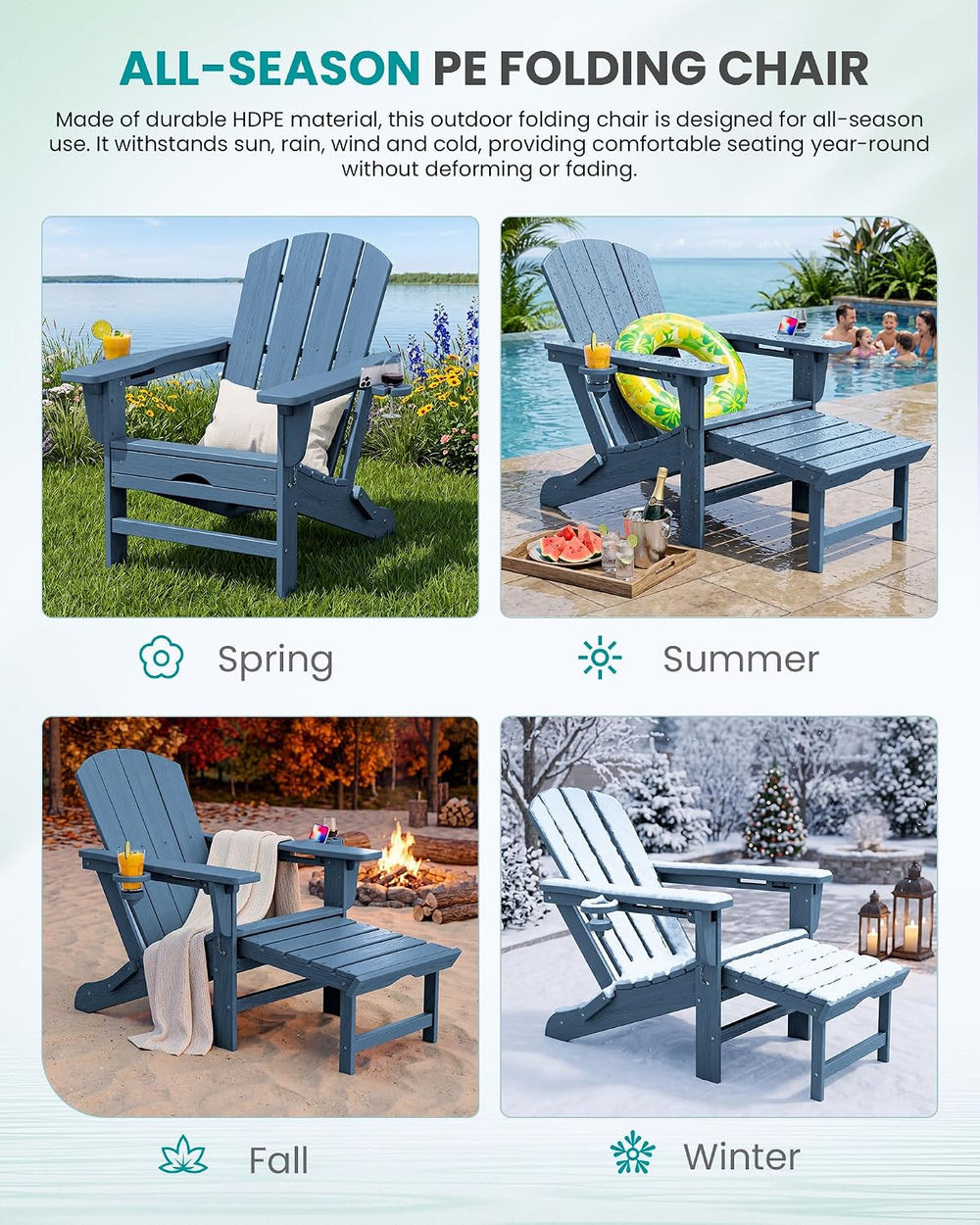 SERWALL HDPE Folding Adjustable Adirondack Chair with Footrest, Blue