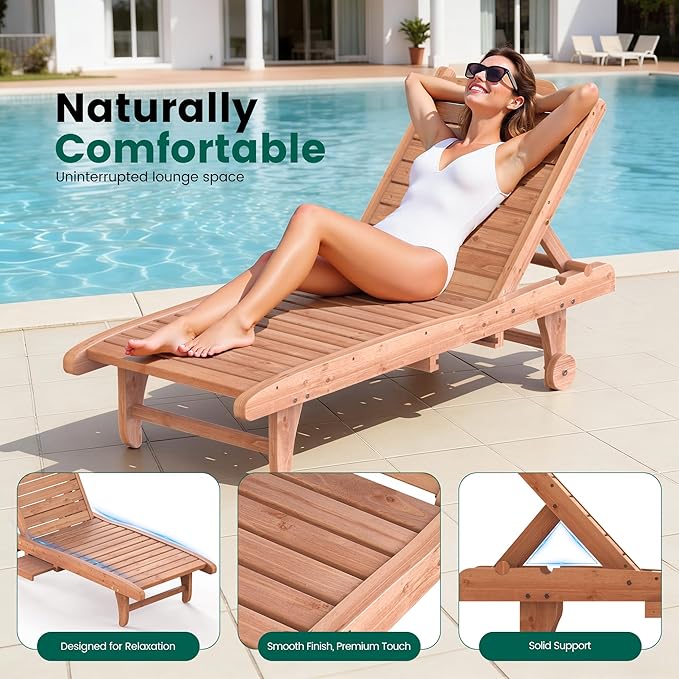Wooden Chaise Lounge Chair, 3-Position Adjustable Outdoor Tanning Chair with ...