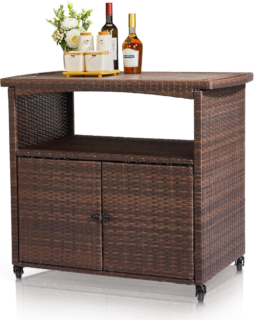 VINGLI Wicker Outdoor Bar Cart with Storage & Rolling Wheels, Patio Bar T...