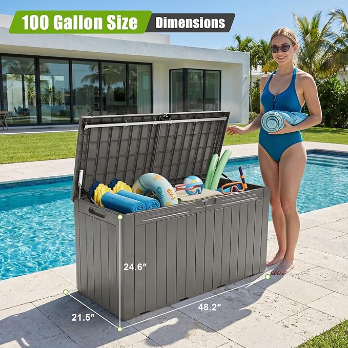 Flamaker Resin Deck Box 100 Gallon Large Lockable Outdoor Storage Box Waterpr...