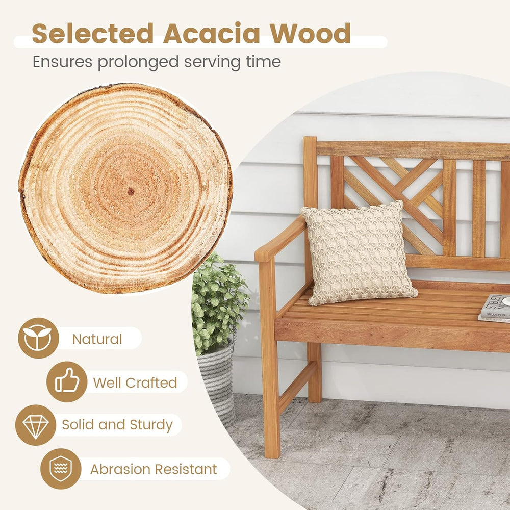 Tangkula Patio Acacia Wood Bench, 2-Person Outdoor Loveseat Chair, Cozy Armre...