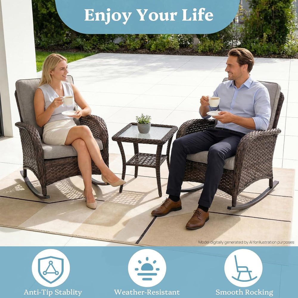 3 Pieces Patio Furniture Set, Outdoor Wicker Porch Rocking Chairs with Wicker...