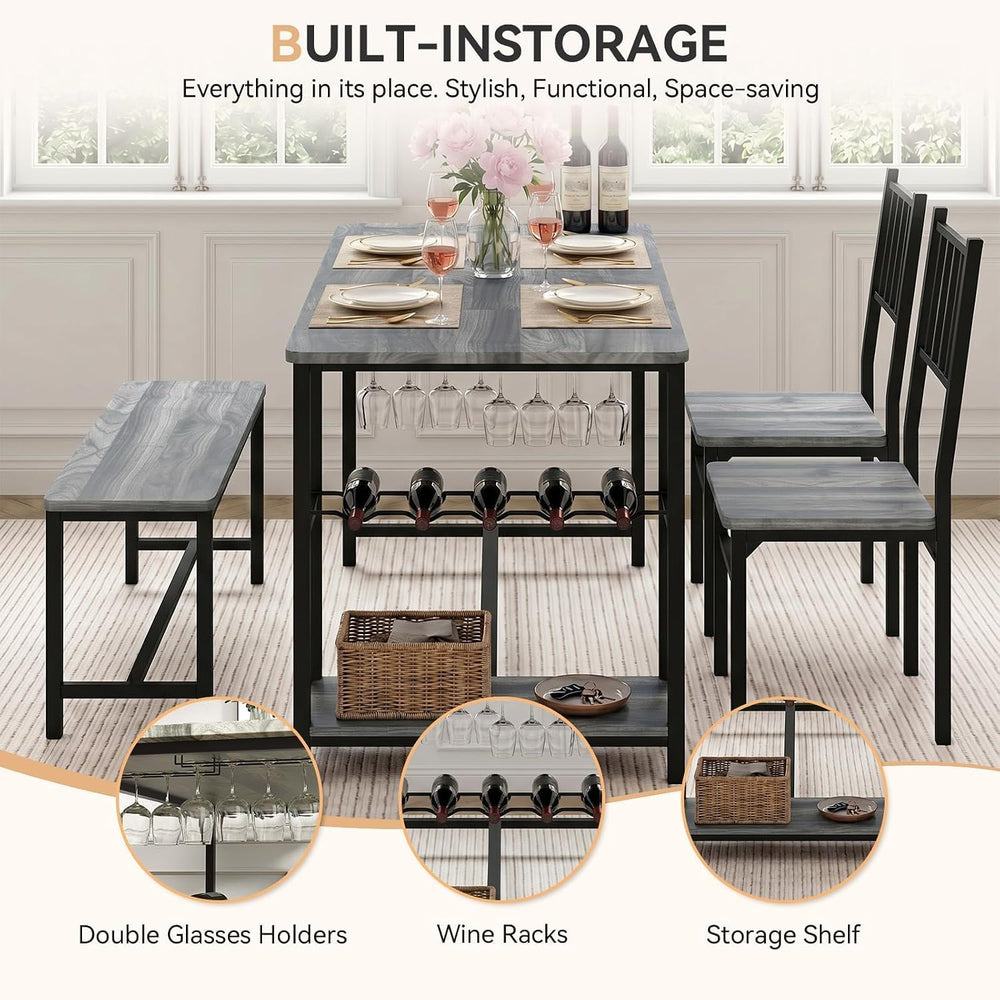 4 EVER WINNER 55-Inch Dining Table Set for 4 with Bench, Wine Rack, Grey
