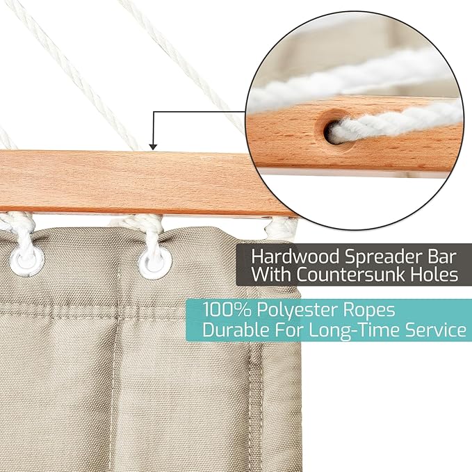 Double Quilted Fabric Hammock with Hardwood Spreader Bars and Pillow 450 LBS ...