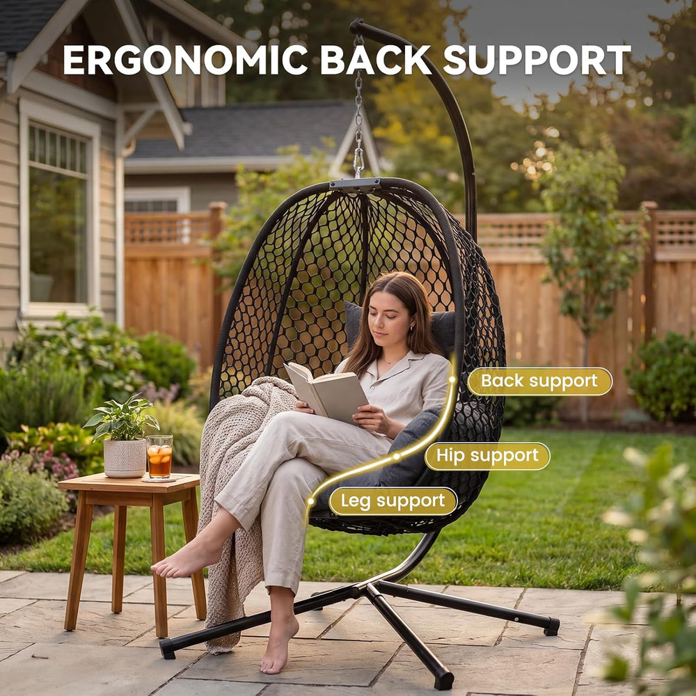 Egg Chair Outdoor with Stand, 400lbs Wicker Hanging Egg Swing Chair, Porch Sw...