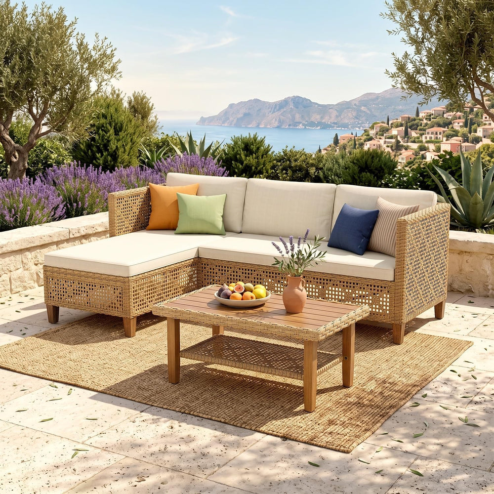 PHI VILLA Outdoor Sectional Couch, Small L-Shaped Patio Sofa Sets, Beige