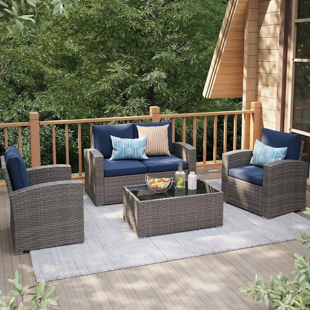 JOIVI Wicker Patio Furniture Set, 4 Piece Patio Conversation Set, Navy Blue