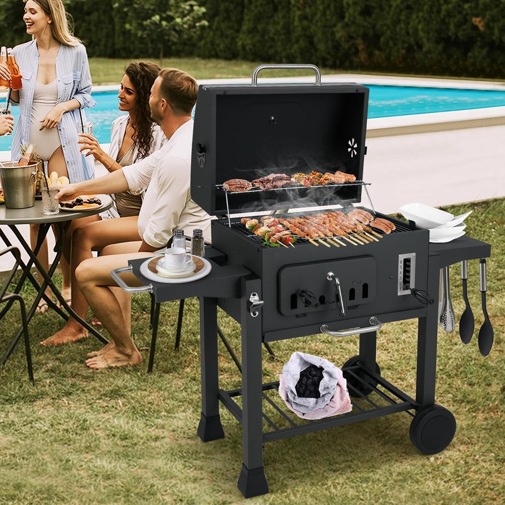Happygrill Barrel Charcoal Grill with 2 Folding Side Tables & 2 Wheels