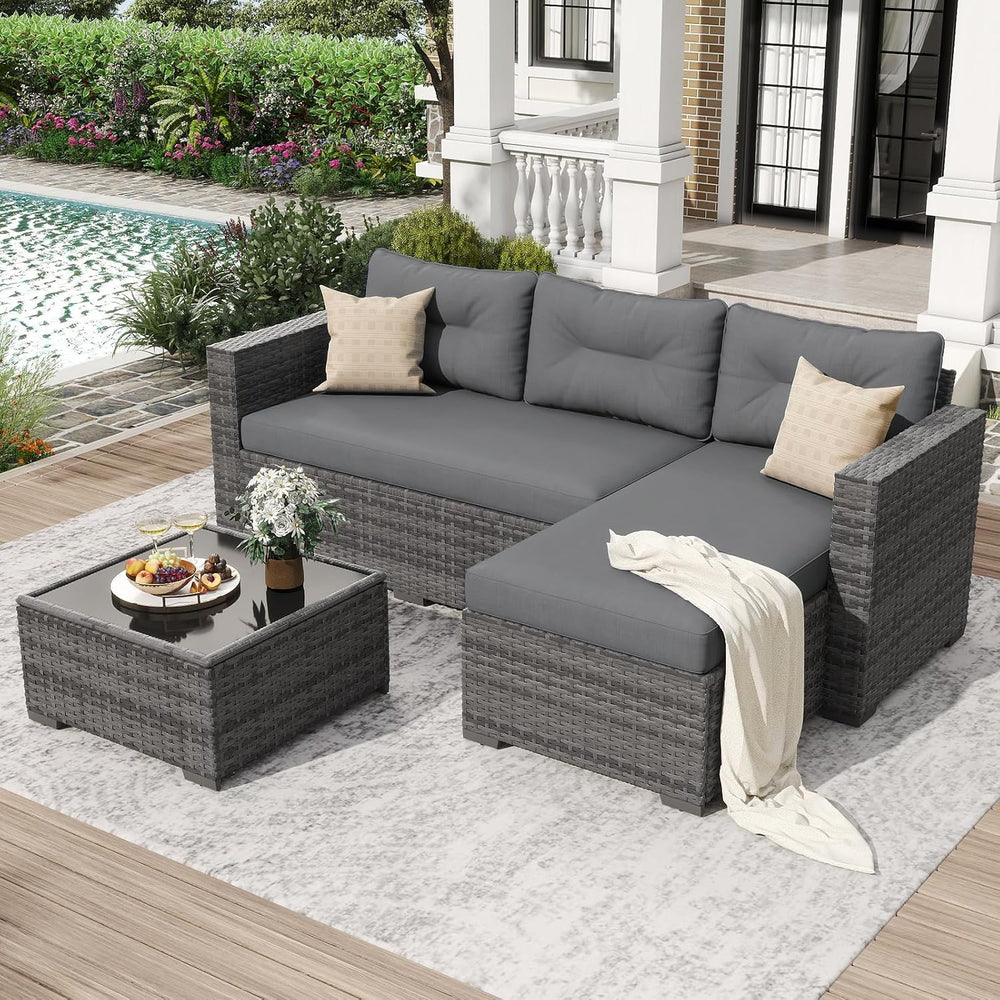 3-Piece Patio Furniture Set, Outdoor Wicker Rattan Sectional Sofa & Patio...