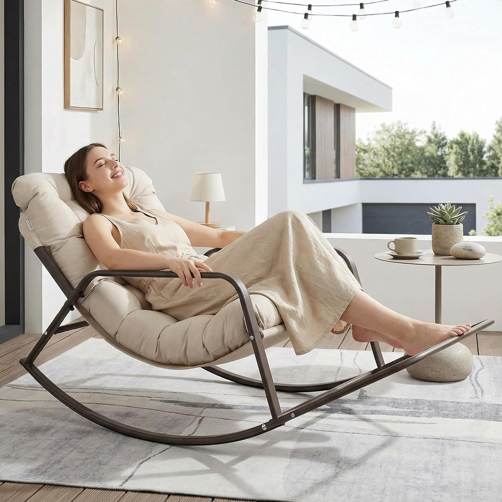 BULEXYARD Outdoor Papasan Rocking Chair with Footrest, Beige