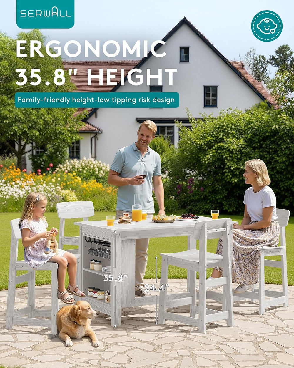 SERWALL Outdoor HDPE Counter-Height Bar Table with Storage Rack, White