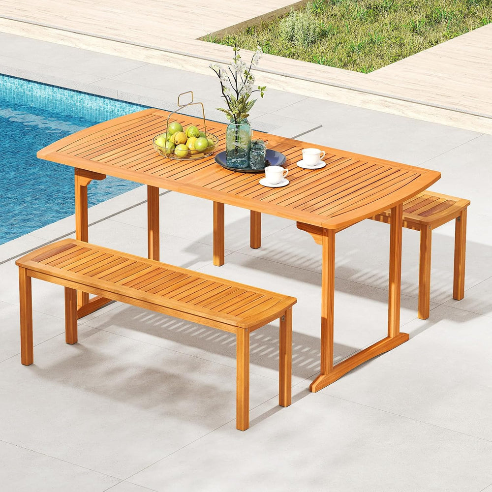 Tangkula 3 Piece Acacia Wood Patio Dining Table Set, 63" Large Patio Tab...