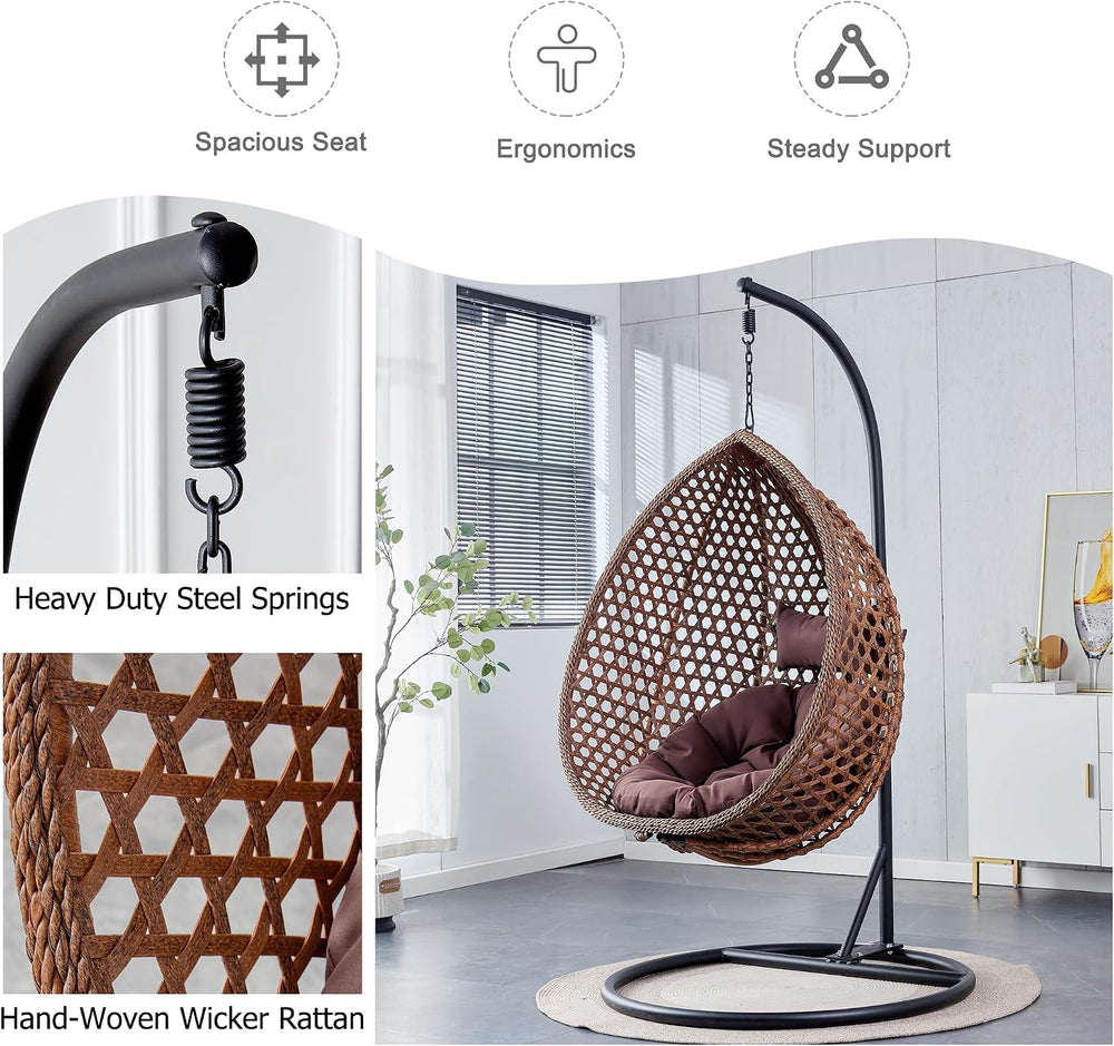 Brown Egg Swing Chair with Stand,Hanging Egg Chair Indoor Outdoor with Cushio...