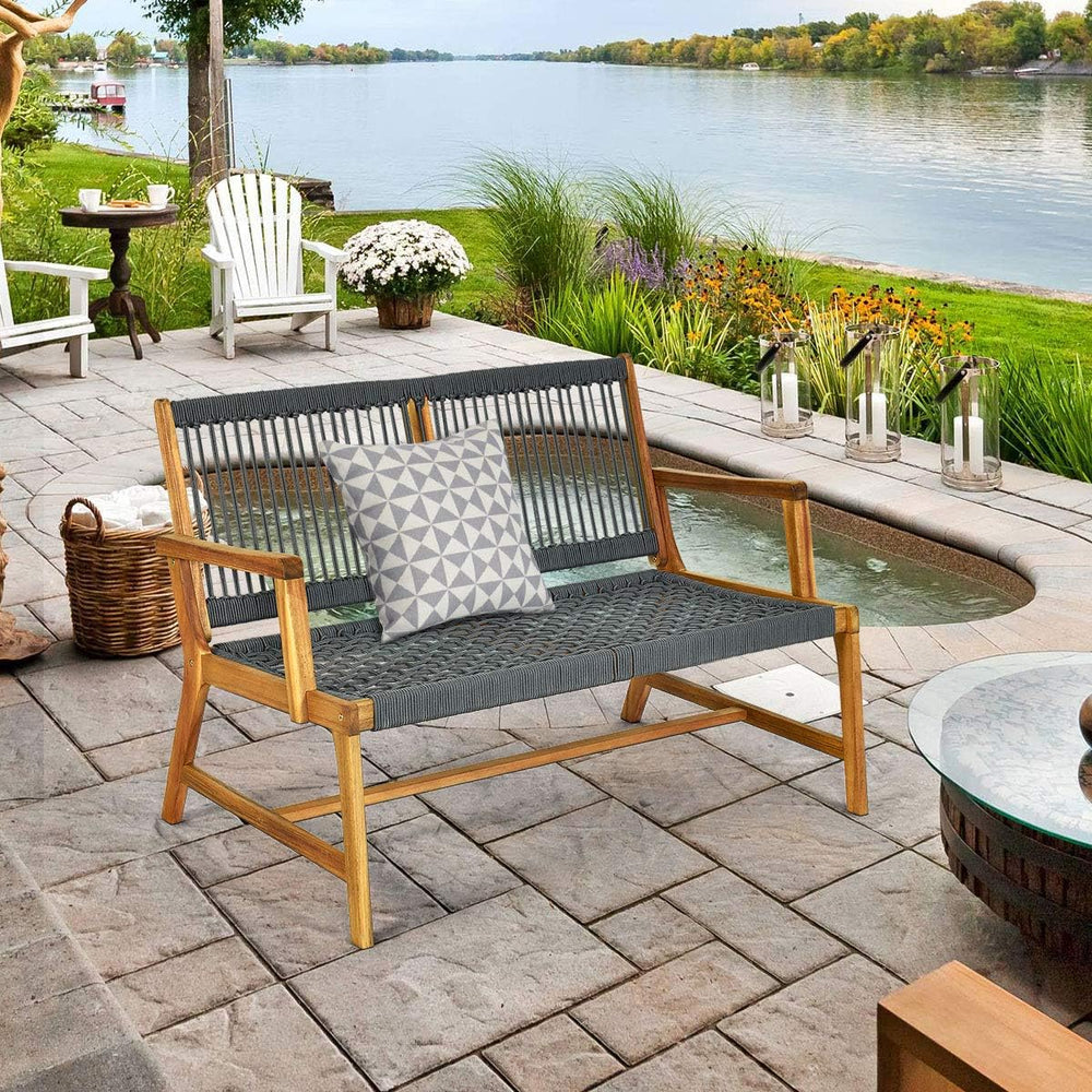 Tangkula 2-Person Patio Acacia Wood Bench Loveseat, Outdoor Patio Rope Bench ...