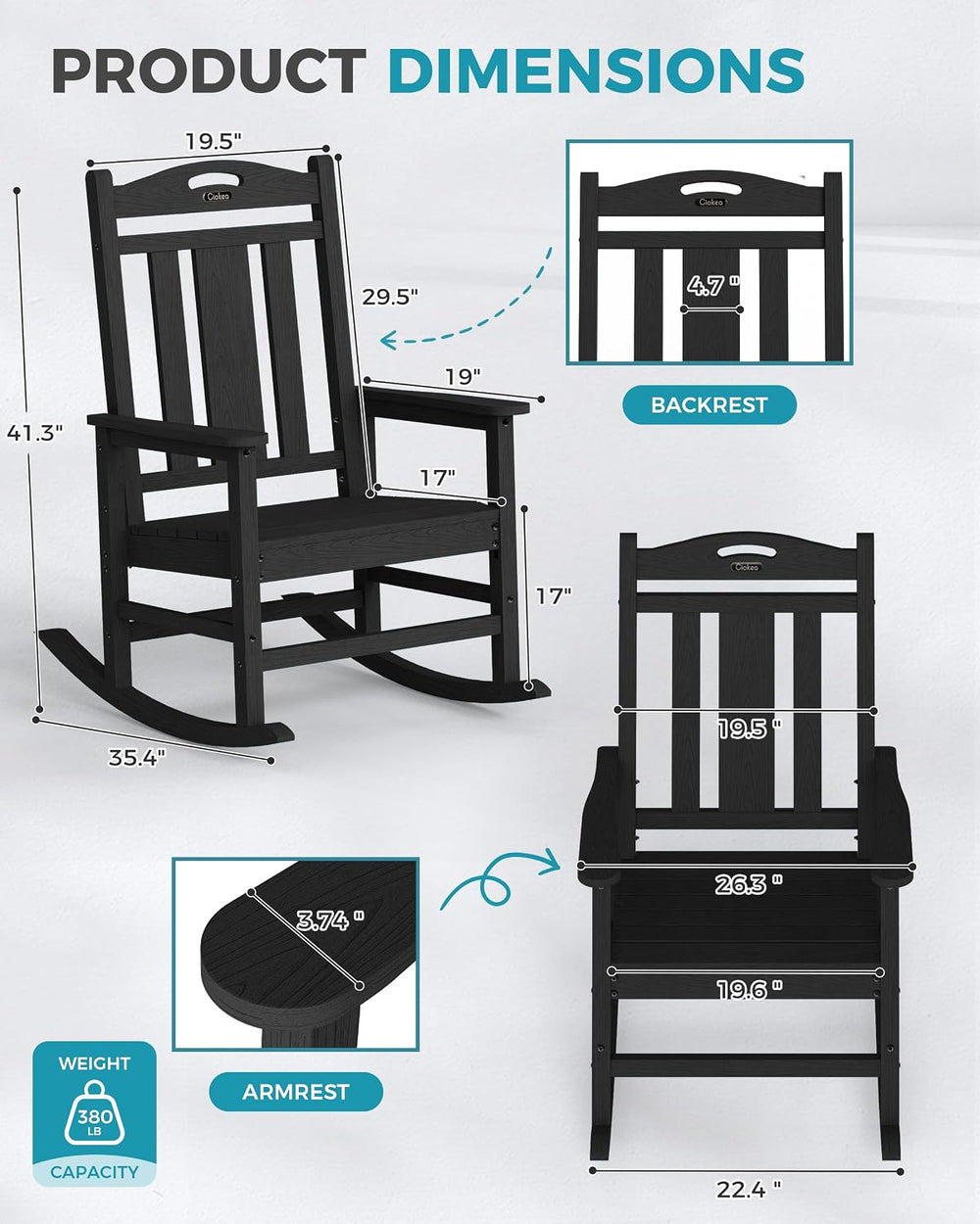 Ciokea Oversized Outdoor Rocking Chair, 380lbs Heavy-Duty Large Patio Rocker,...