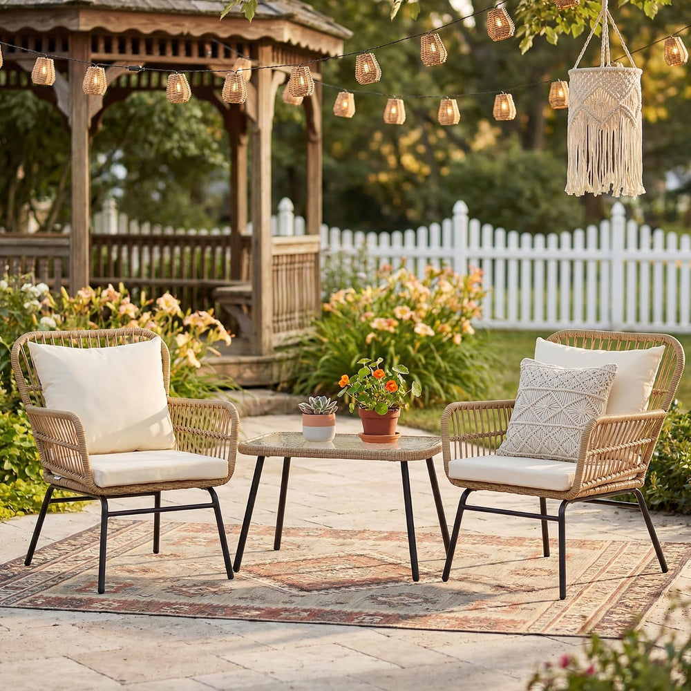BULEXYARD 3 Pcs Boho Patio Furniture Sets, Outdoor Wicker Bistro Chair Set