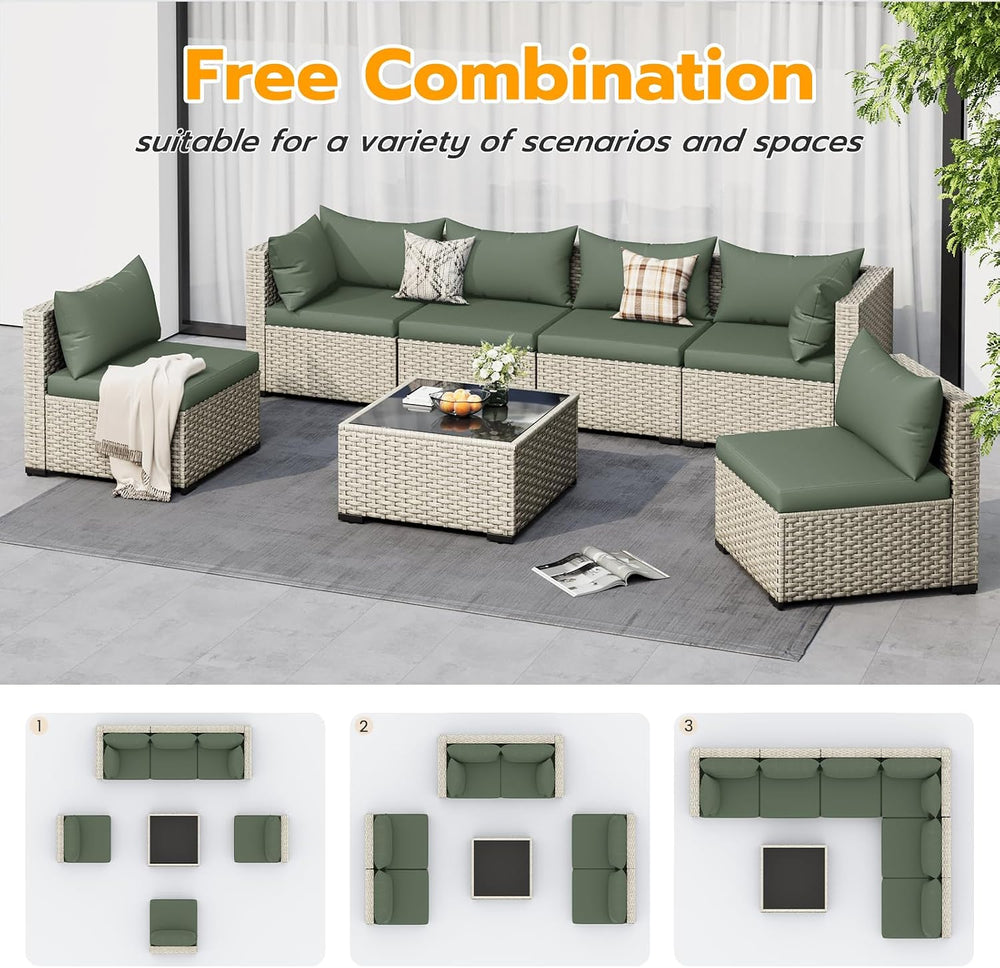UDPATIO Outdoor Patio Furniture Set 7 Pcs Wicker Sectional Sofa Green