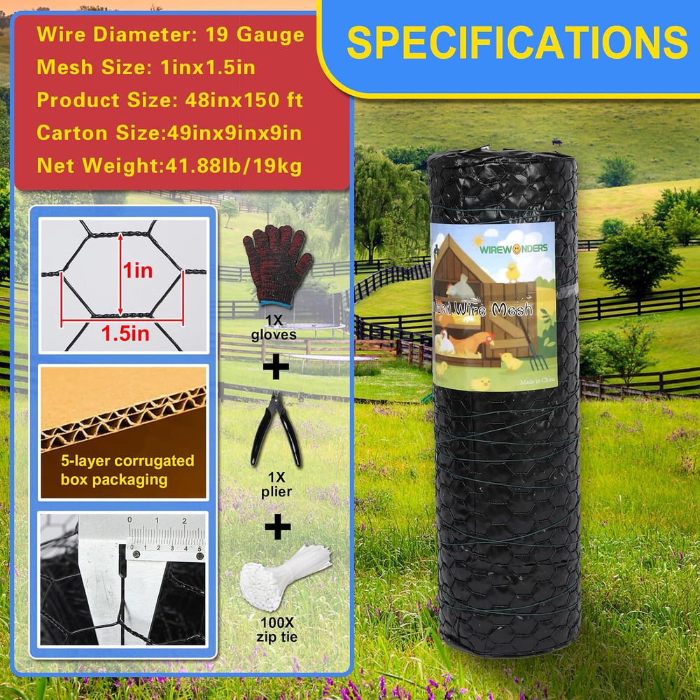 Black 19GA Chicken Wire 48inx150ft, Chicken Wire Fencing, Garden Fence, Metal...