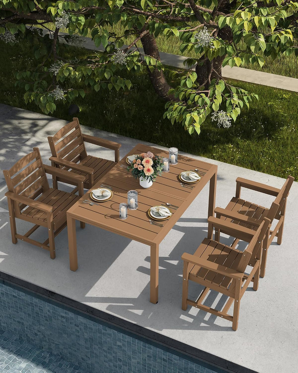 SERWALL HDPE and Aluminum Outdoor Dining Set for 8, Brown