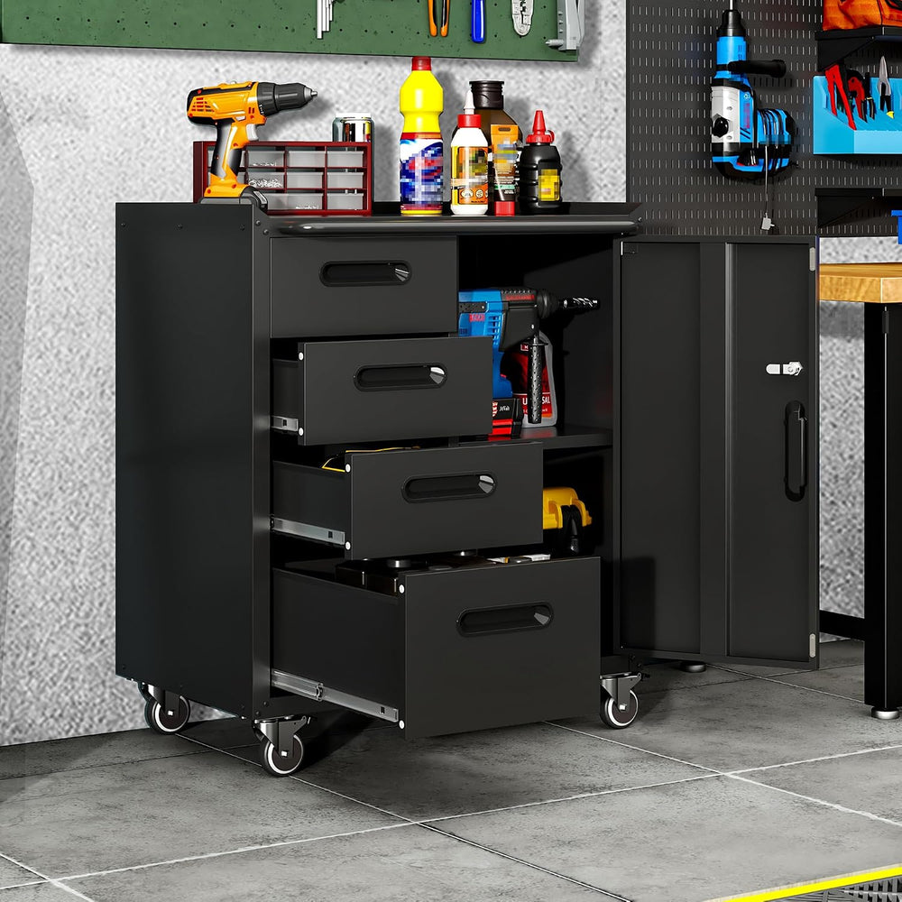 Garage Cabinets,Metal Garage Storage Cabinet with Wheels,Black Lockable Rolli...