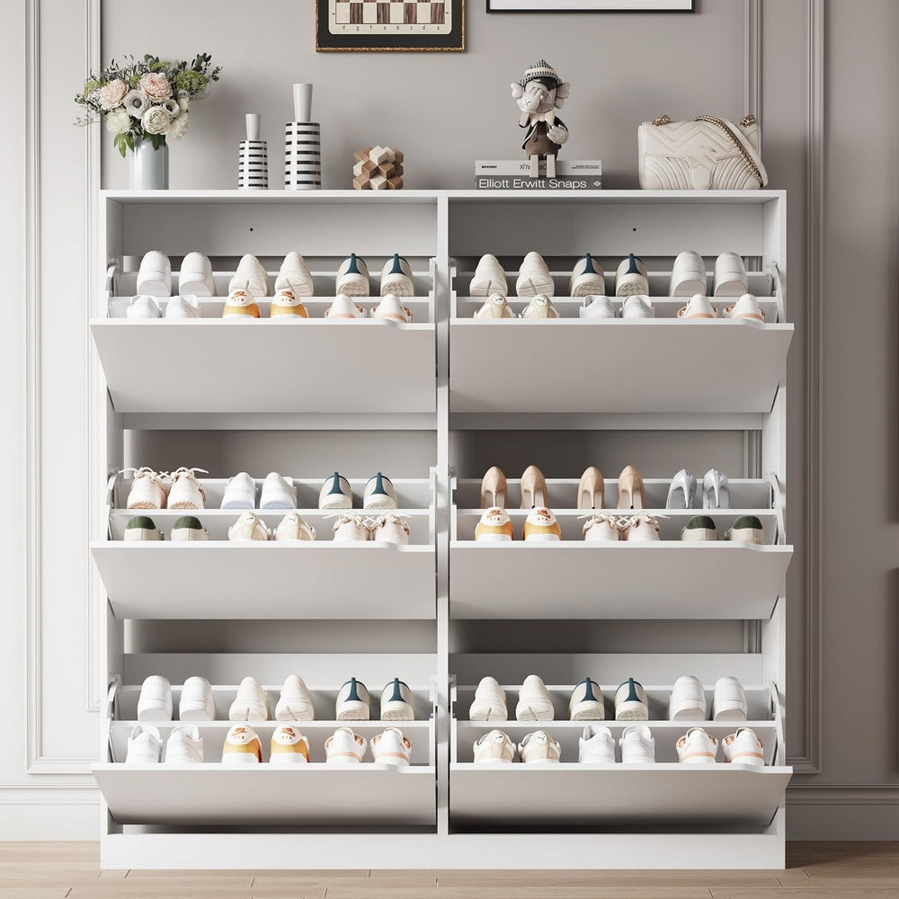 Shoe Storage Cabinet for Entryway with 6 Flip Drawers, Sturdy Wood Hidden Sho...