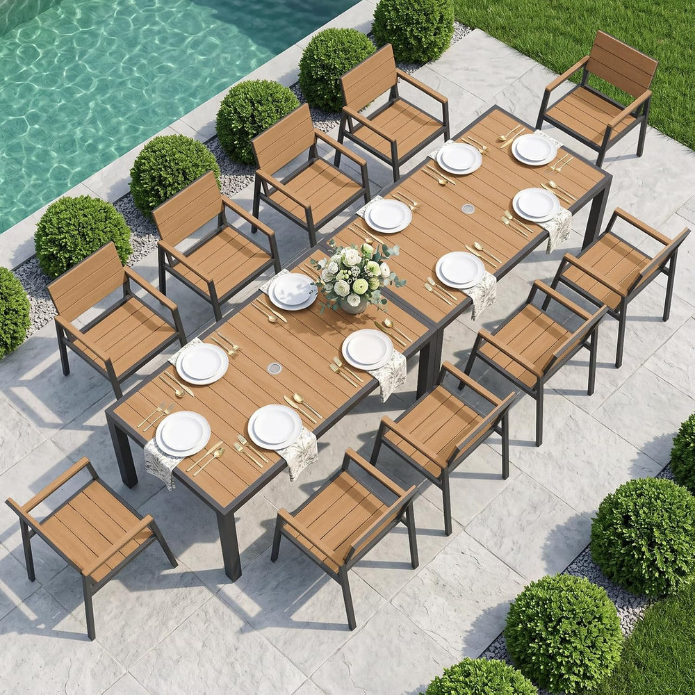 12 Pcs Outdoor Dining Set, 67" HDPS Dining Set for 10, Gray-Teak