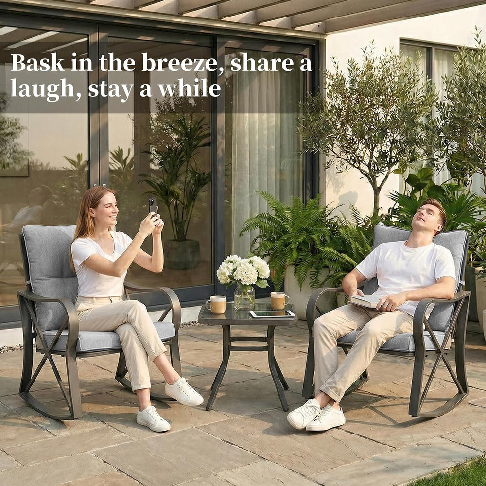 COSIEST 3 Piece Bistro Set Patio Rocking Chairs Outdoor Furniture w Warm Gray...