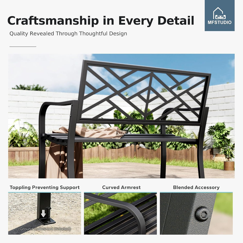 MFSTUDIO 43.7” Cast Iron Outdoor Garden Bench, Geometric Backrest, Black