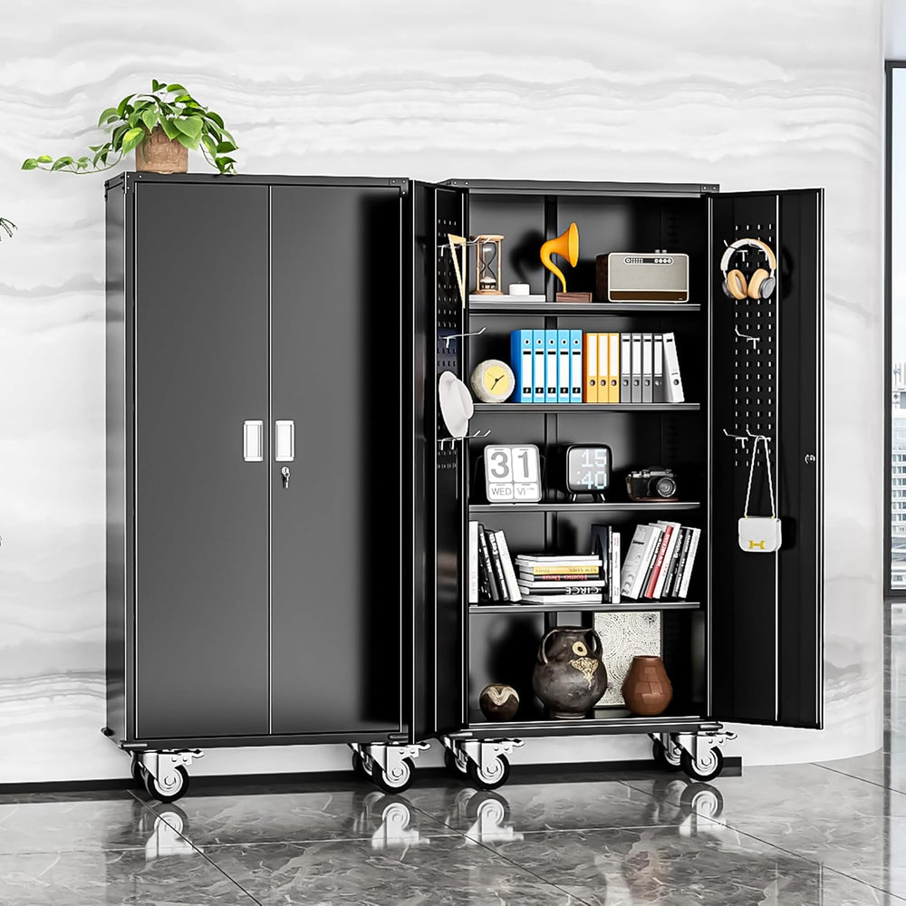 Garage Storage Cabinet with Wheels, 72" H Metal Cabinet with 2 Locking D...