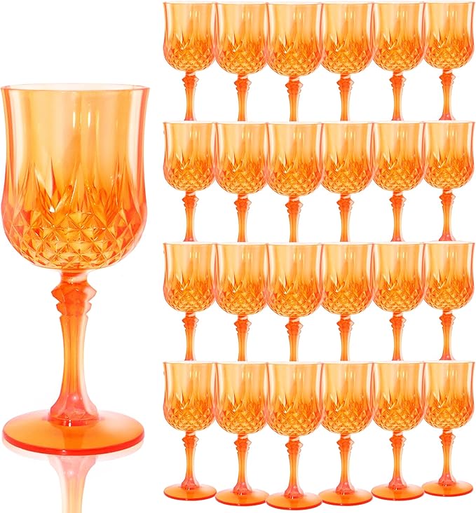 Plastic Wine Glasses,Orange Goblets Vintage Style Cordial Drinking Glasses for Wedding Reception, Halloween Grand Event Party Supplies (24, Pumpkin orange) (24Pack)