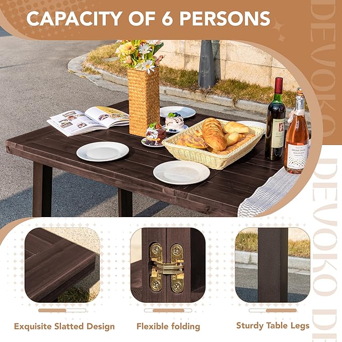 Devoko Home Acacia Wood Dining Table 6-Person Indoor Outdoor Table with Iron ...