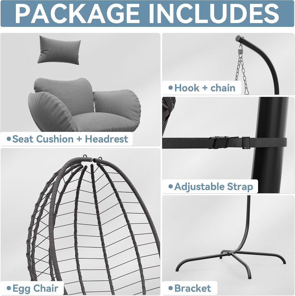 ALAULM Foldable Egg Chair with Stand, 485LBS Capacity Wicker Rattan Hammock S...